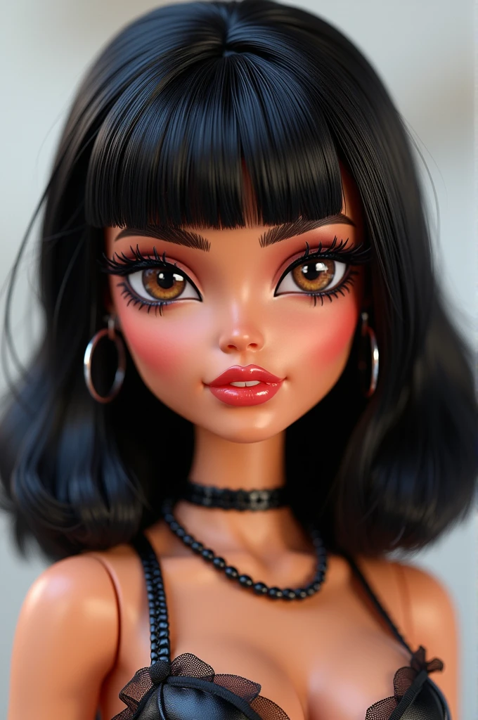 Create a Bratz Doll, with medium hair, dark brown eyes with slanted eyes, marked eyebrow, Bblack hair, white