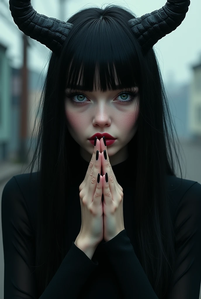 Woman with straight black hair, Natural blue eyes and pale skin, lips were open and painted wine red, her hair with medium black horns, hands making a gesture of silence, urban style