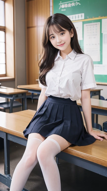 ((NSFW:1.7、realisitic))、1girl in, (Light brown medium hair),  ((Female Student Uniforms)),  Look at viewers, (A smile:stick out teeth), (( Opening legs、Open your legs、Crotch main、(Pubic hair：full))),Large breasts,Putting out the chest