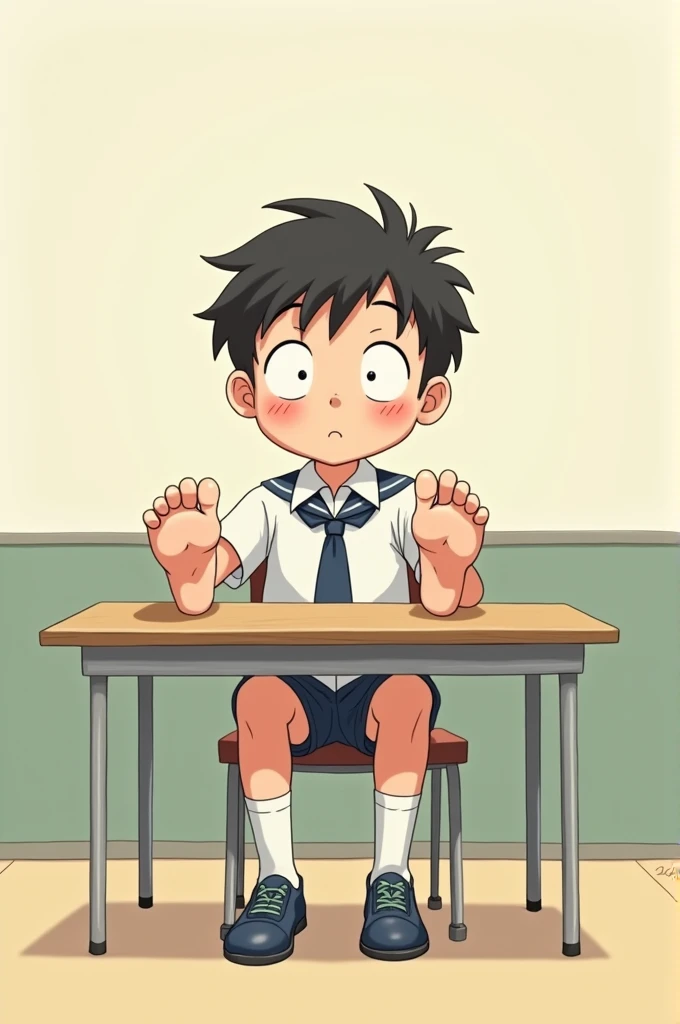 2D anime style, nerd barefoot boy school 7 years old sitting on empty table lifting feet, wrinkled soles,
