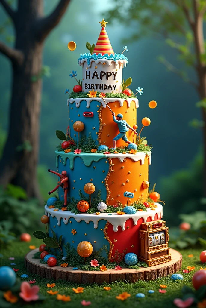 The cake is divided into three equal parts. The first section will be themed about the game. Then put the text “Happy Birthday Na Rizz”. The second part has a sports theme and put the text “Happy Birthday Na Pomm”. The third part has a slot theme in the forest and put the text “Happy Birthday Na Notto”.