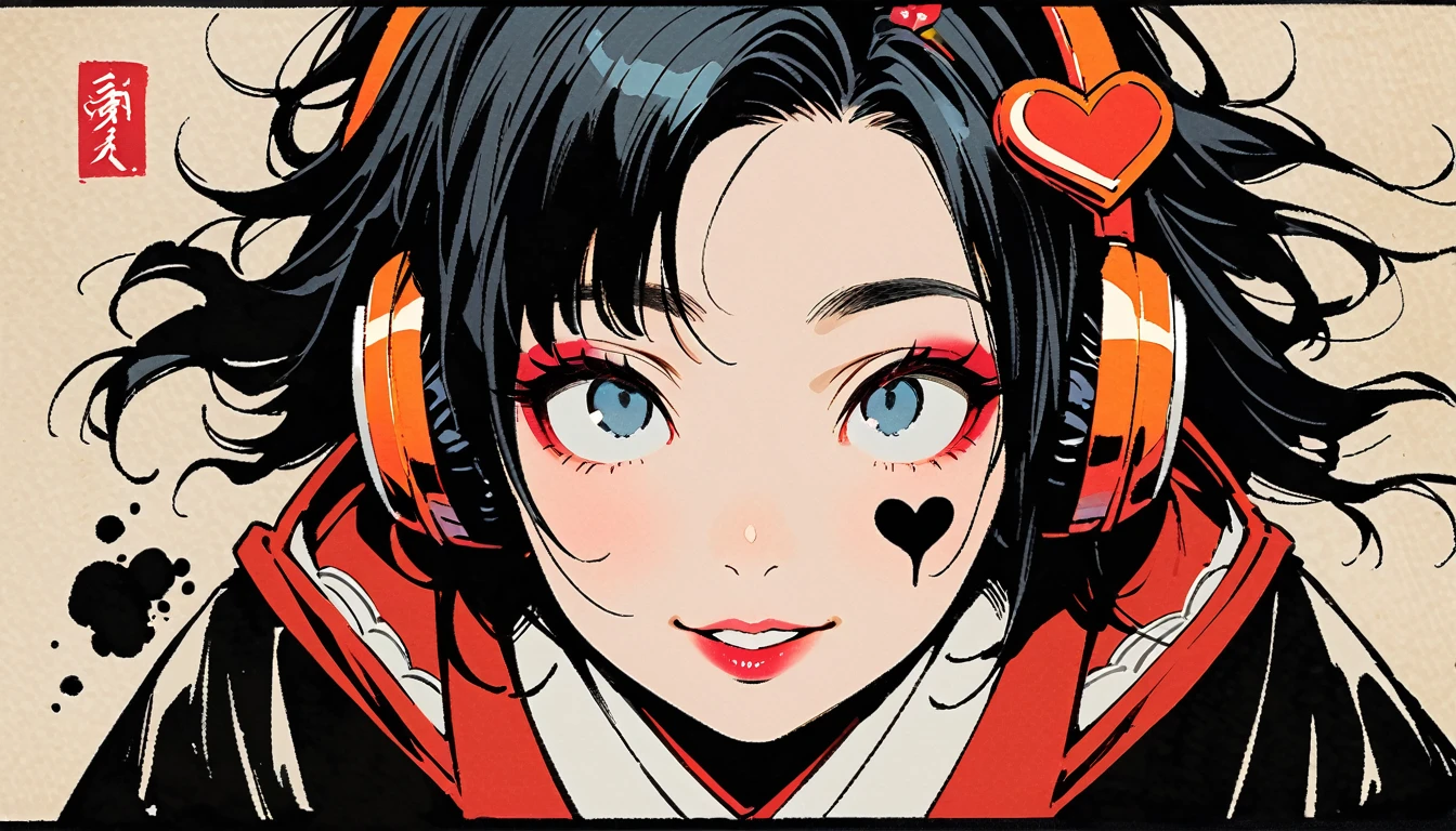 (((Ink Painting))), (((from above))), (((1 female))), (((Heart tattoo on face))), (((Very flashy hair accessories))), (((Very flashy makeup))), Japanese style headphones, devil, face close-up, front view, Japan人の美少女, Black Hair, Delicate and precise, Modern ukiyo-e style,Japan, Droopy eyes, round face, smile, Fuller lips, vivid color