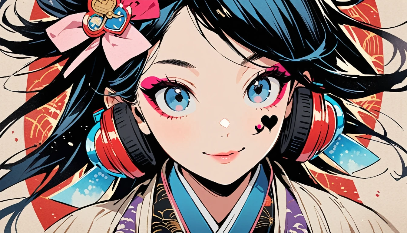 (((Ink Painting))), (((from above))), (((1 female))), (((Heart tattoo on face))), (((Very flashy hair accessories))), (((Very flashy makeup))), Japanese style headphones, devil, face close-up, front view, Japan人の美少女, Black Hair, Delicate and precise, Modern ukiyo-e style,Japan, Droopy eyes, round face, smile, Fuller lips, vivid color