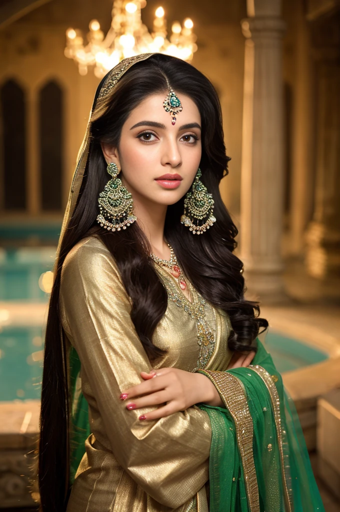 A milky pretty beautiful pakistani woman is in the open courtyard, her beauty accentuated by the glow of chandelier lights in night time. she is in deep thoughts & lost in her own dream.Adorned in a paithani her long black silky hair delicately frames her angelic face. Her eyes are green in colour.she is wearing silver oxidised jhumka earrings and chain