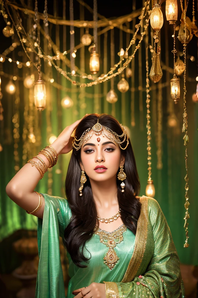 A milky pretty beautiful pakistani woman is in the open courtyard, her beauty accentuated by the glow of chandelier lights in night time. she is in deep thoughts & lost in her own dream.Adorned in a paithani her long black silky hair delicately frames her angelic face. Her eyes are green in colour.she is wearing silver oxidised jhumka earrings and chain