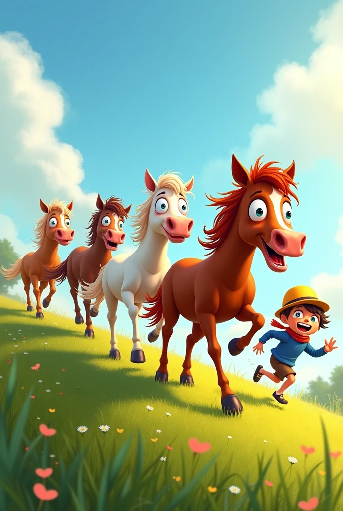 4 funny horses running on the meadow. 4 children with 4 happy emotions ,buồn, surprised, lovely. 3 children run in the same direction and 1 child runs back.. The 4 faces must be funny and stupid.