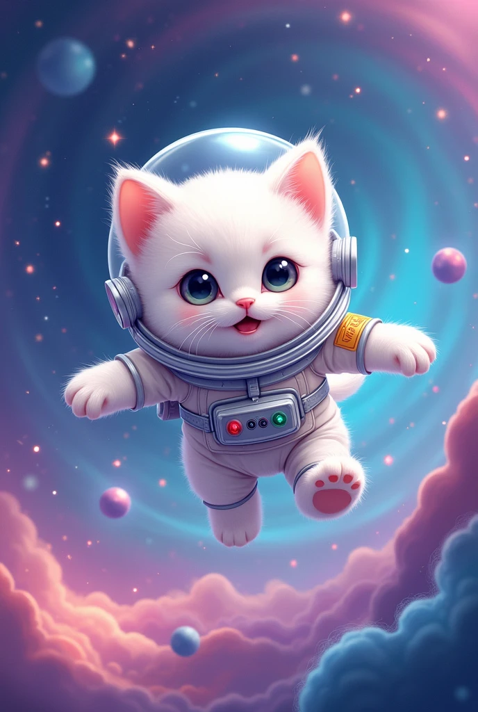 A galaxy background with a white astronaut kitten flying in anime style