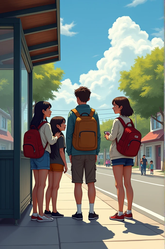 4 friends are waiting at the bus stop to go to school