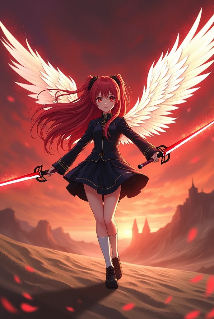 High image quality Anime Art,Drawing Chthorinotasenioris,a 16 year old girl with long beautiful red hair and red eyes, Two side up hairstyles,expressionless like a doll, wearing a black military uniform with a black short skirt, white socks and black shoes, holding a medieval shaped red sword in one hand, beautiful white fantasy rainbow fairy wings growing from her back, fantastic light particles fly out of the white feathers, holographic effect on the feathers, cold look on her face as she fights many monsters on the ground against the backdrop of a hellish red sky, the ground is a desert-like landscape, posing dynamically swinging her sword, (masterpiece, best quality, 4k, 8k:1.5), best quality, ultra detail, fantastic, abstract, physically based rendering, ultra-fine painting