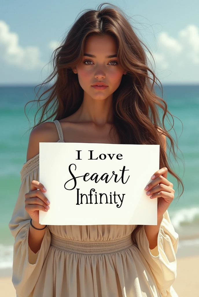 Beautiful girl with wavy long hair, bohemian dress, holding a white board with text "I Love Seaart Infinity" and showing it to the viewer
裸