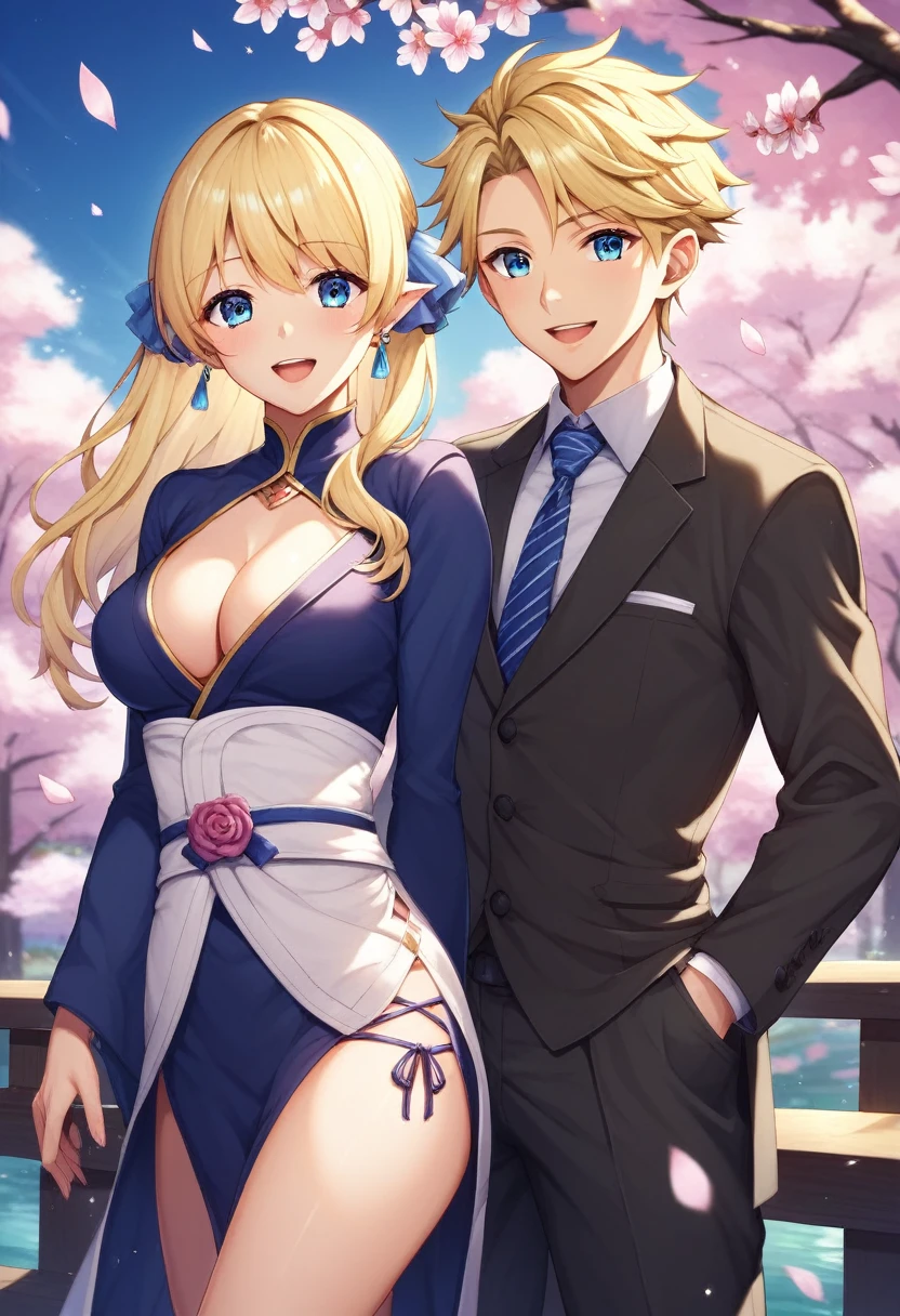 Kinkakuji, cherry blossoms and elves, Japan, Beautiful elven woman, Professional Lighting, 8k, masterpiece, ears are long and pointed, Blonde Hair, Beautiful blue eyes, Fantasy Characters, Big eyes, A happy look, Fantasy clothing, Anime elves in a real-life setting, 美しいears are long and pointed女性