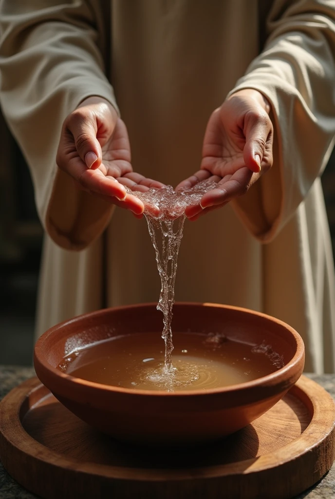 Clear clean water in a clay bowl held by a priest on an altar