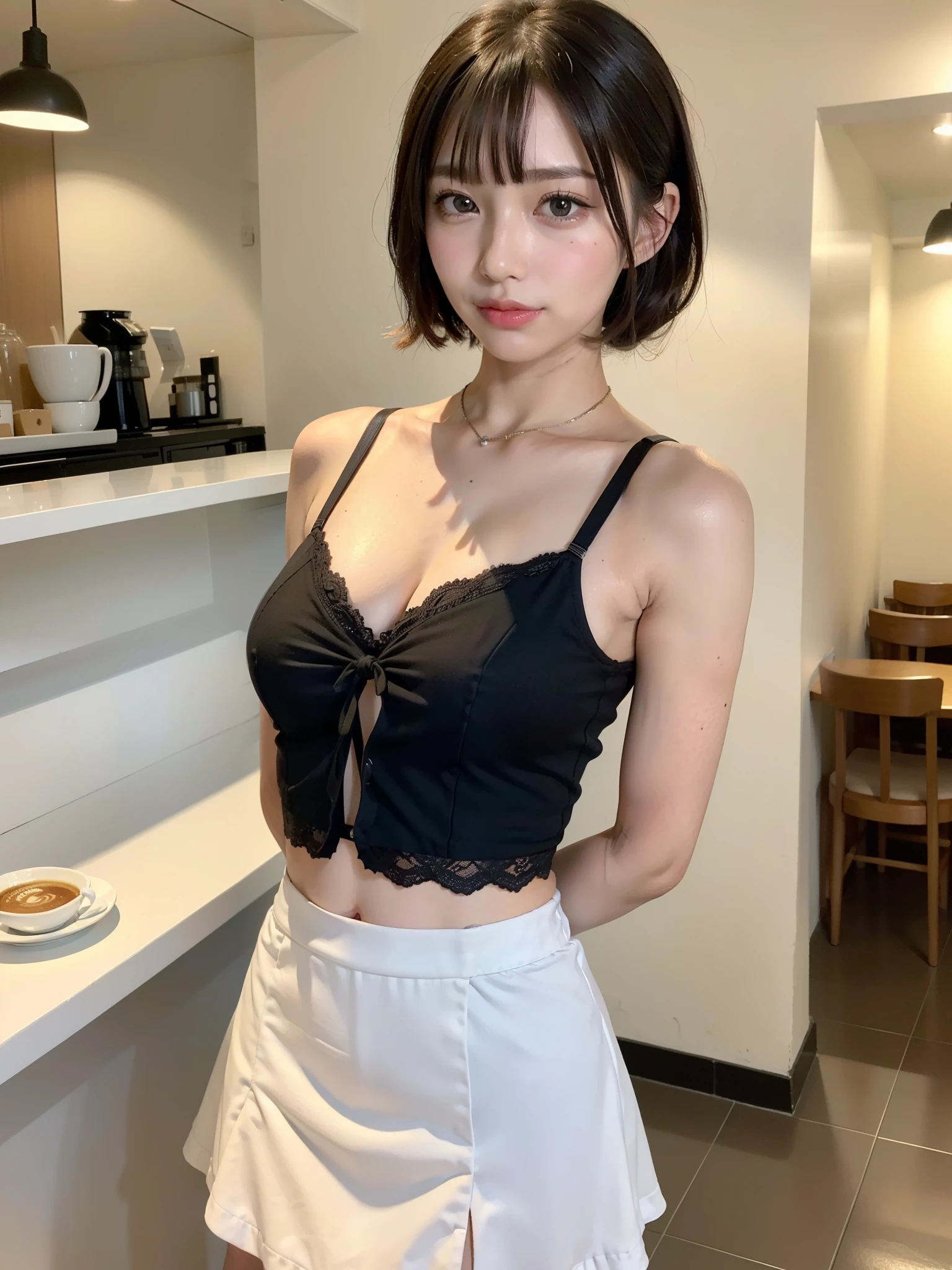 (A very cute 20 year old young woman from Japan),  ((delicate hair between brown and blonde)), ((messy side wave short hair)),(((Slender and slender body type)))，small breasts､ (((clean hands)))，(curly hair)，(((very kind smile))), (((she wears black lace panties)))，(((she is wearing a pink knitted dress))) ((top quality, 16k, table top: 1.3)), light shines on your face, highly detailed face, highly detailed lips, fine eyes,