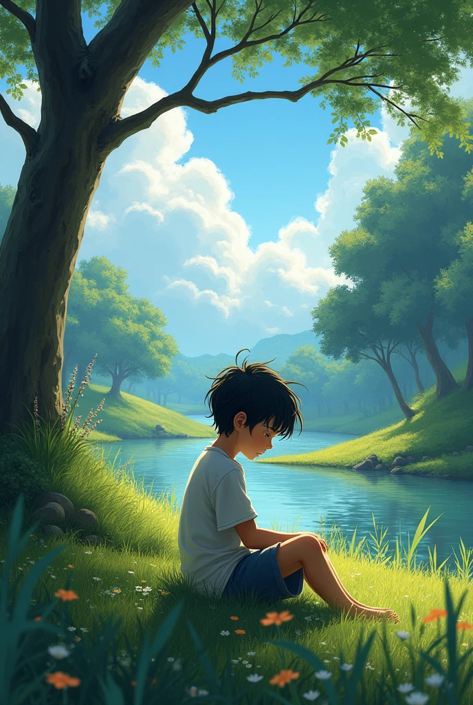 An sad boy sit alone in a Beautiful place