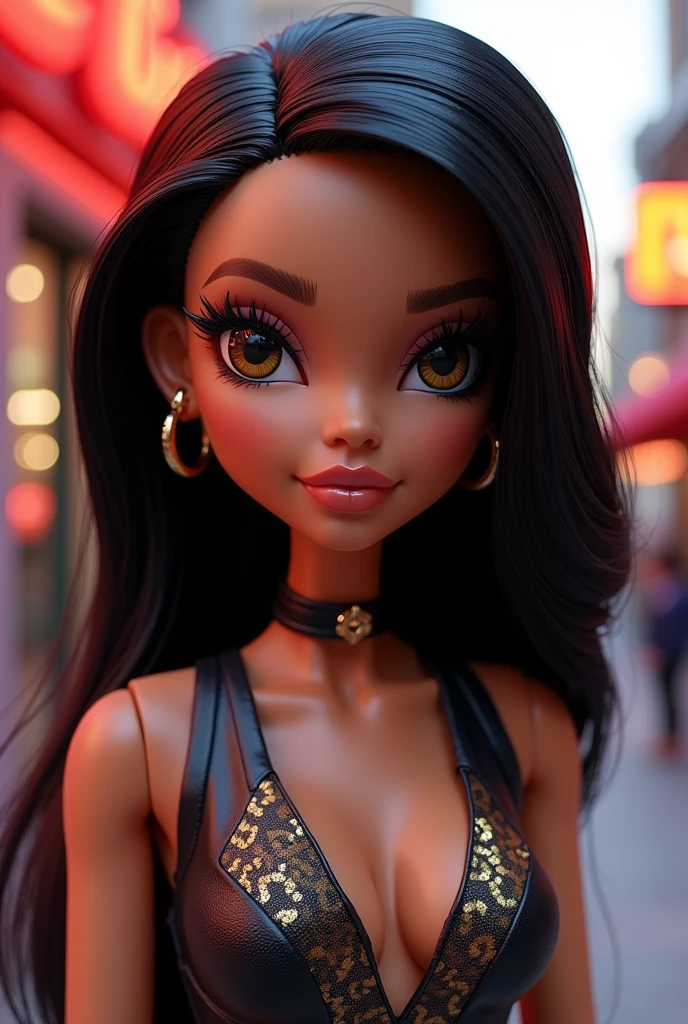 Create a Bratz Doll, with medium hair, dark brown eyes with slanted eyes, marked eyebrow, Bblack hair, white, without bangs, slanted eyes