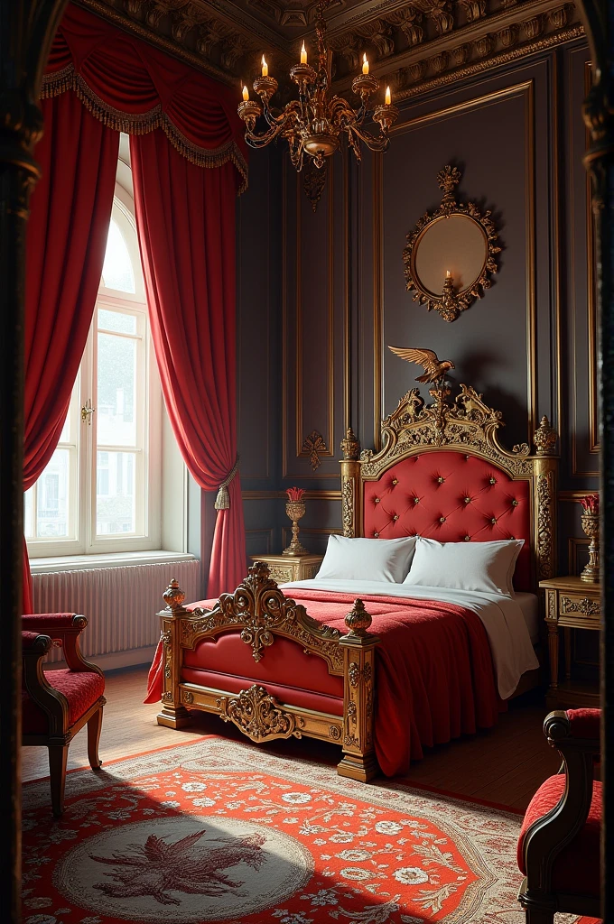My chamber was small but ornate, the furnishings elegant—the bed frame engraved with a delicate, swirling design. The chair in the corner was upholstered with a green-and-gold brocade. An eagle was carved into the mahogany mantel, its beak parted and its talons curled. The drapes were a rich crimson, and the carpet had been woven into an elaborate landscape, depicting a gilded knight atop a black horse.