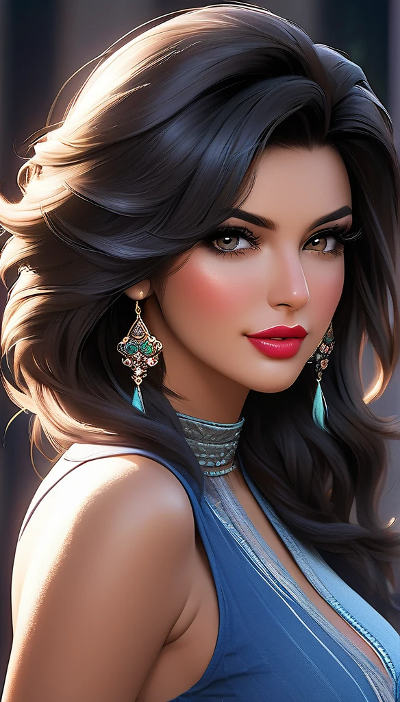 a beautiful, sensual woman with silver jhumka earrings, big breasts, wearing lipstick and makeup, with black hair and two falling hair strands, blushed cheeks, short hair, and a sleeveless top and pants, (best quality,4k,8k,highres,masterpiece:1.2),ultra-detailed,(realistic,photorealistic,photo-realistic:1.37),detailed face, hyper-realistic, cinematic lighting, dramatic lighting, moody atmosphere