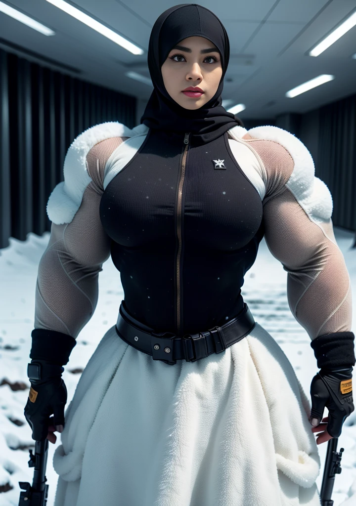 Photorealistic, high resolution, 1 malay woman in hijab, Solo, Hips up, Snow background，view the viewer, (Detailed face), White hijab, SWAT vests, sniper rifle handle, Black military uniform, bulletproof vest, Holding an assault rifle, M16, Inside the city, Very detailed, Perfect face, Black eye, jewelry, (full body view)