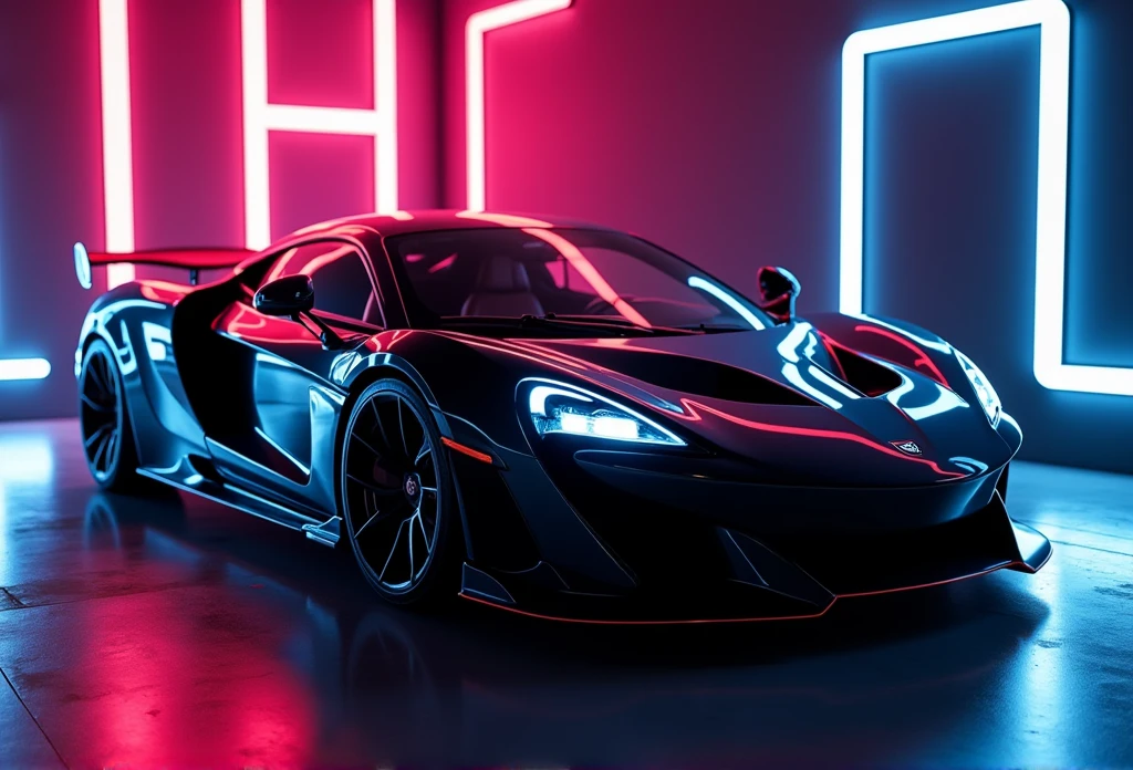 a banner for a streaming channel that is in a room with LED lights that contains a black sports car and that looks realistic, even in the paint of the car you can see the reflections of the 8k lights, that the room is gamer type