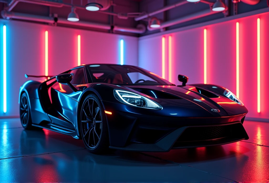 a banner for a streaming channel that is in a room with LED lights that contains a black sports car and that looks realistic, even in the paint of the car you can see the reflections of the 8k lights, that the room is gamer type