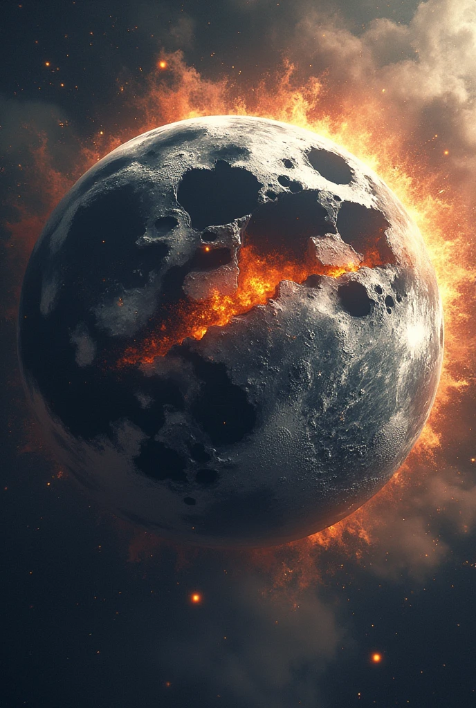 Draw the moon commissioning with the earth seen from space, but it can be seen that more than half has already penetrated, and everything is in a chaotic chaos of combustion and meteorites everywhere as a result of the collision 