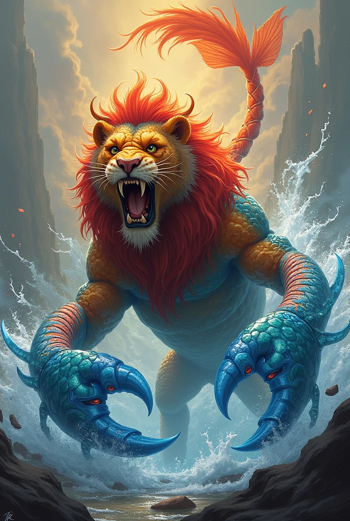 An animal that mixes the body of a colorful fish, lion&#39;s head and tail and, instead of paws, that has scorpion claws formed by water and a scorpion tail with a tip of fire and a stinger of fire. The background should be of the elements of water and fire mixed together.. The lion has to have its mouth open and attack with its tail over its head..