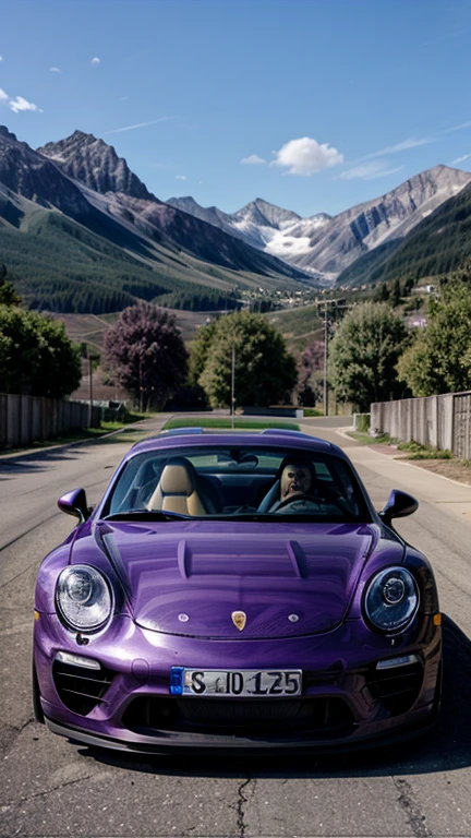 m purple porshe sports car parked near the mountains