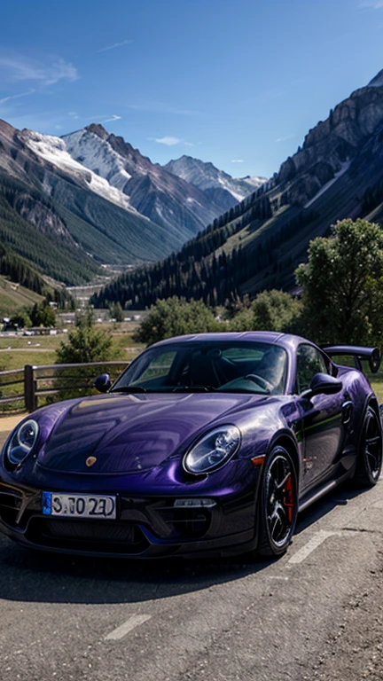 m purple porshe sports car parked near the mountains