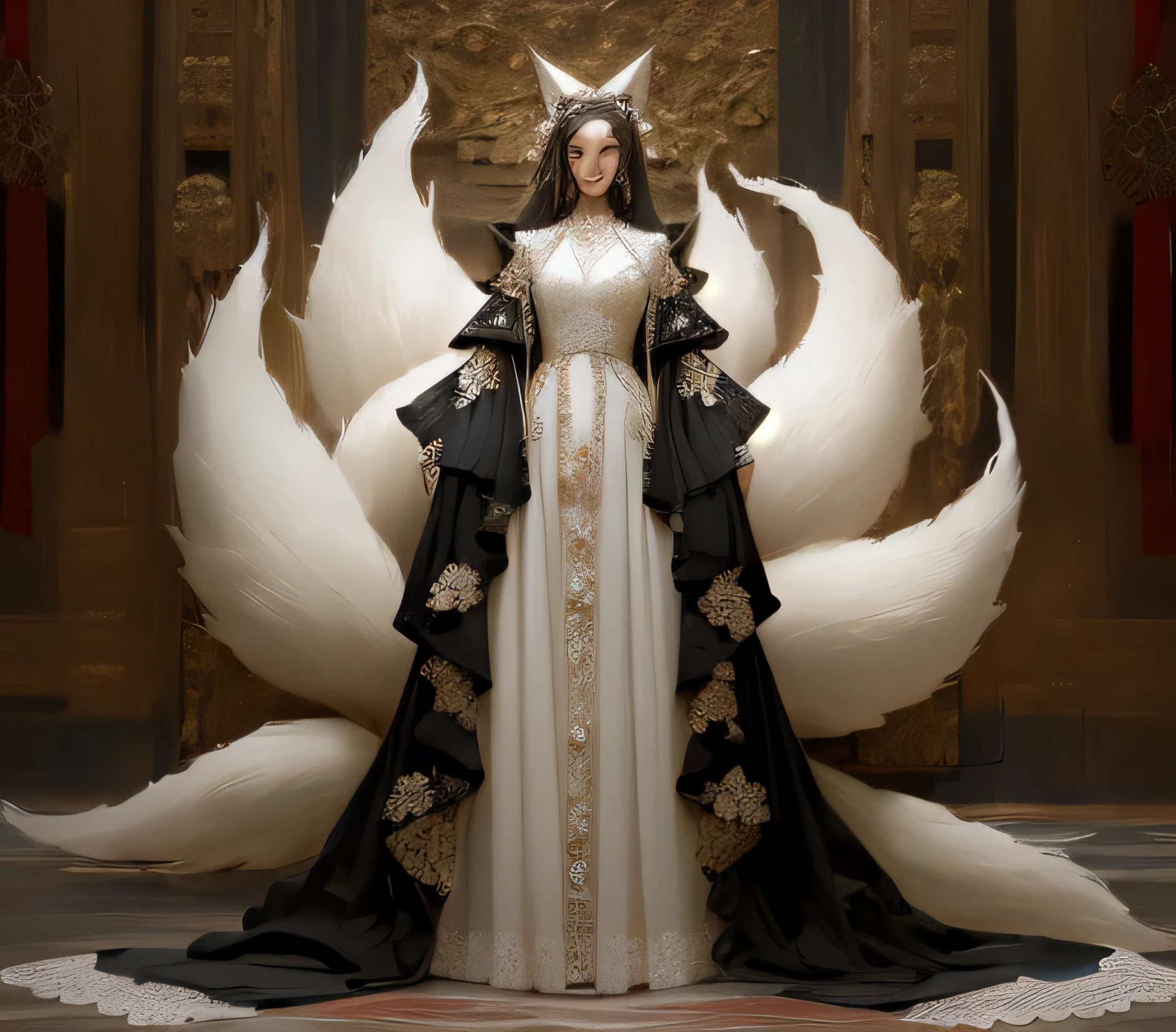 1girl, solo, (dramatic, gritty, intense:1.4),masterpiece, best quality, 32k uhd, insane details, intricate details, hyperdetailed, hyper quality, high detail, ultra detailed, Masterpiece,
A beautiful maiden lying in the center of the palace, purple flames and black swirls, traditional Chinese costume jewelry, (9Fox Tail:1.3), elaborate costumes, full body photos, traditional costumes, Fox tail, white hair(white lace dress with a scalloped hem:1.6)
Fox tail:0.8>