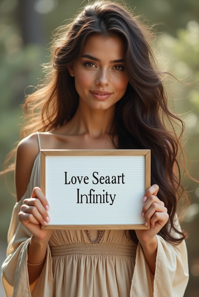 Beautiful girl with wavy long hair, bohemian dress, holding a white board with text "I Love Seaart Infinity" and showing it to the viewer