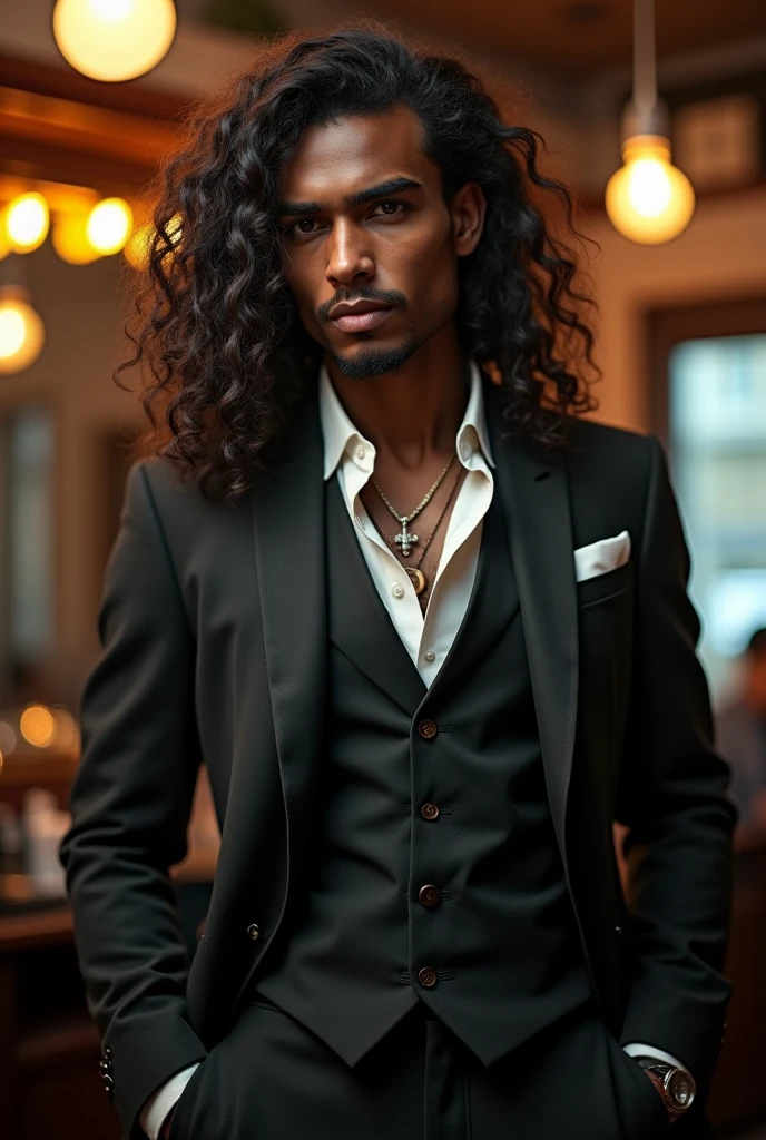 a detailed portrait of a stylish man with long curly hair, dark skin, and an elegant suit, standing in a classic barbershop interior with vintage decor and lighting, highly detailed, photorealistic, studio lighting, sharp focus, vivid colors, intricate details, elegant, sophisticated, refined, urbane, charming, handsome, charismatic, confident, pensive expression, (best quality,4k,8k,highres,masterpiece:1.2),ultra-detailed,(realistic,photorealistic,photo-realistic:1.37)
