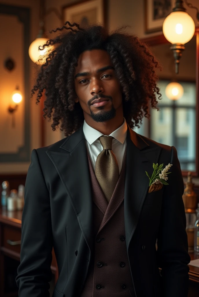 a detailed portrait of a stylish man with long curly hair, dark skin, and an elegant suit, standing in a classic barbershop interior with vintage decor and lighting, highly detailed, photorealistic, studio lighting, sharp focus, vivid colors, intricate details, elegant, sophisticated, refined, urbane, charming, handsome, charismatic, confident, pensive expression, (best quality,4k,8k,highres,masterpiece:1.2),ultra-detailed,(realistic,photorealistic,photo-realistic:1.37)
