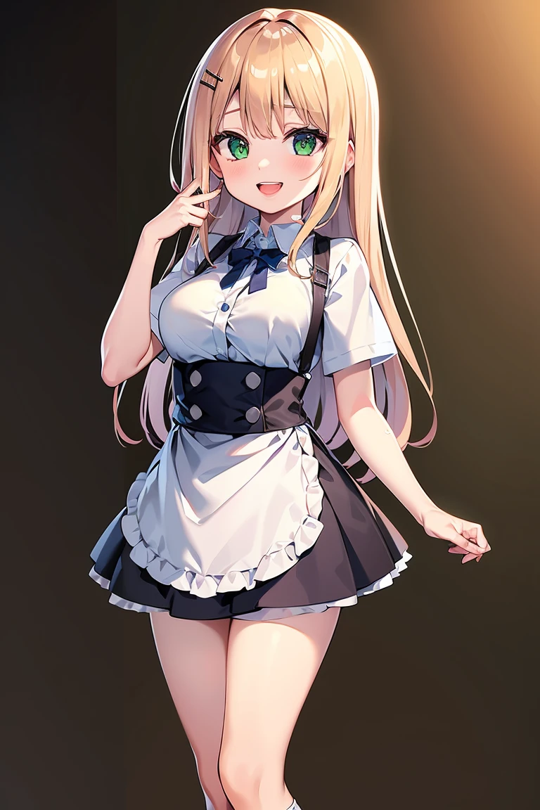 ((masterpiece, Highest quality, Absurd, High resolution, Very detailed, High resolution, Very nice 8K CG wallpaper)), 1 girl, alone, Long Hair, blonde, Green Eyes, Swept-apart bangs, hair ornaments, smile, :teeth, Large Breasts, Front open apron, hairpin, White shirt, Green Skirt, Brown shoes, Via waitress, Via, Nice hands, Perfect hands,