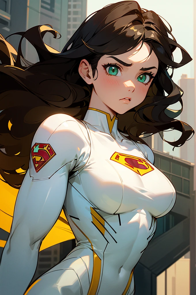 1female , Low taper fade , wavy hair ,short hair, black Hair , golden Eyes , Lean ,teen female , white Body Suit , Serious Expression , Modern City Background , Yellow S symbol on chest, modern city background, upper body, superman shirt, arm, white arm sleeves, superhero suit, Superman S Symbol, lesbian