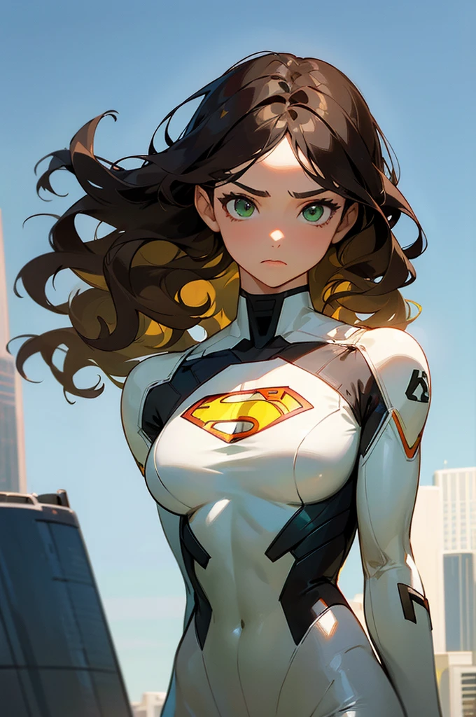 1female , undercut hair , wavy hair ,long hair, black Hair , green Eyes , muscular ,teen female , white Body Suit , Serious Expression , Modern City Background , Yellow S symbol on chest, modern city background, upper body, superman shirt, arm, white arm sleeves, superhero suit, Superman S Symbol, lesbian, blonde highlights, 