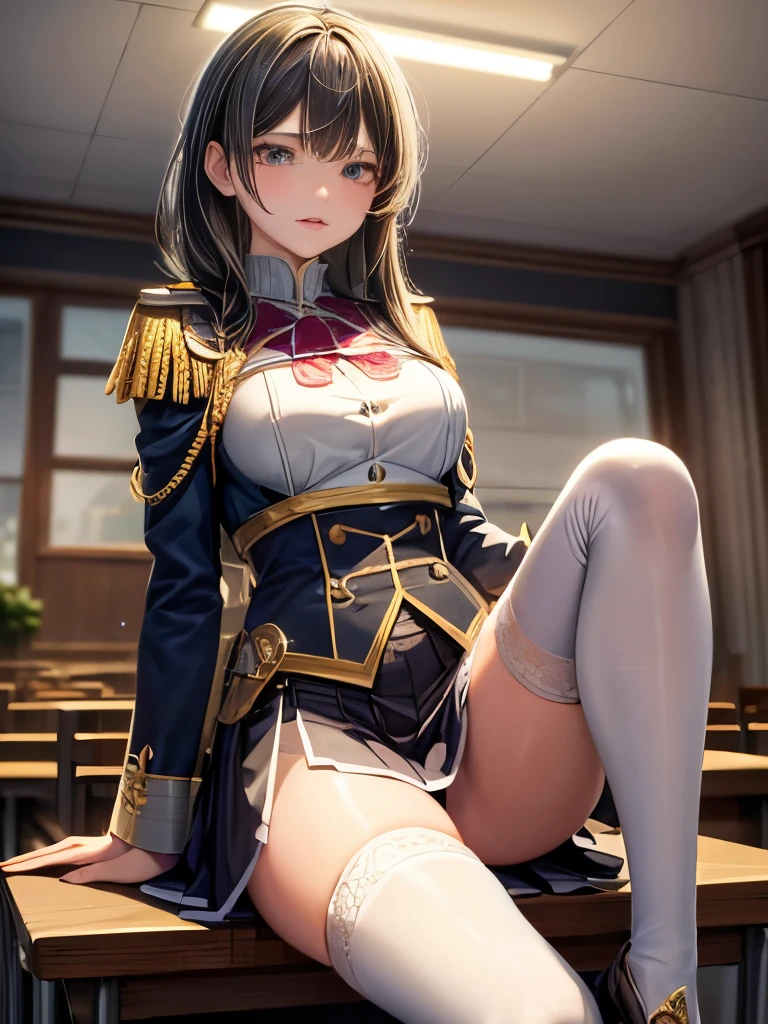 masterpiece, high quality, 最high quality, beautiful, High resolution, Realistic, Perfect lighting, Detailed face, Detailed body, 1 person, Black Hair, blue eyes, Girlishness, Fantasy JK uniform, (Bright expression: 1.5) (Face Natural: 1.5), sitting in classroom