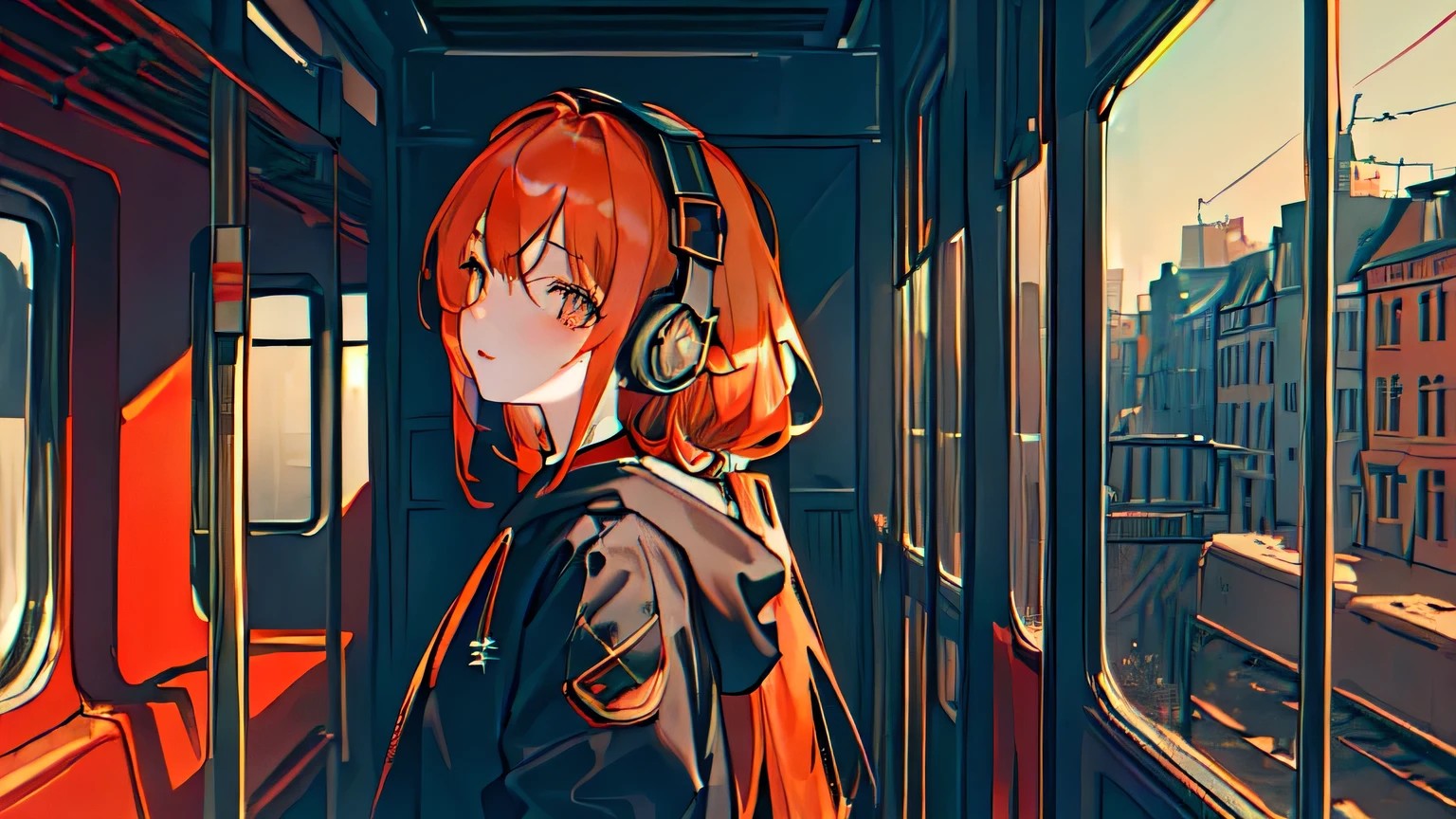 (masterpiece, sidelighting, ultra-detailed, finely detailed beautiful eyes: 1.2), 1girl, bag, building, from side, headphones, hood, hood down, hooded jacket, hoodie, jacket, long hair, orange hair, profile, red hair, solo, train, train interior, upper body, Masterpiece, best quality