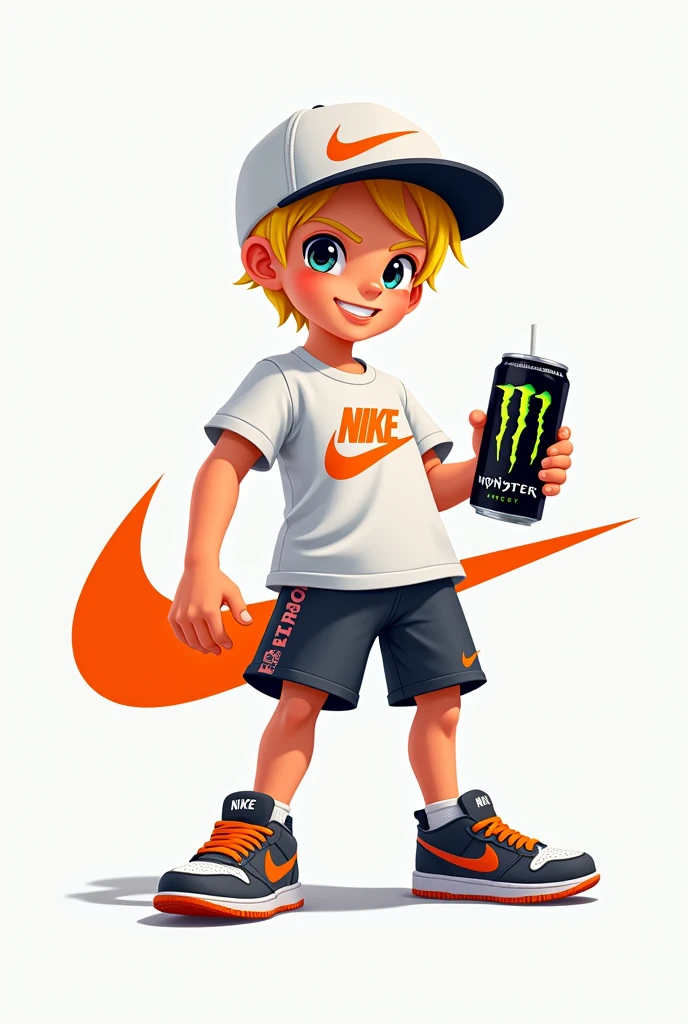 Create me a logo that is a 2d boy with white Nike clothes and a cap and with blond hair with a white Monster Energy drink