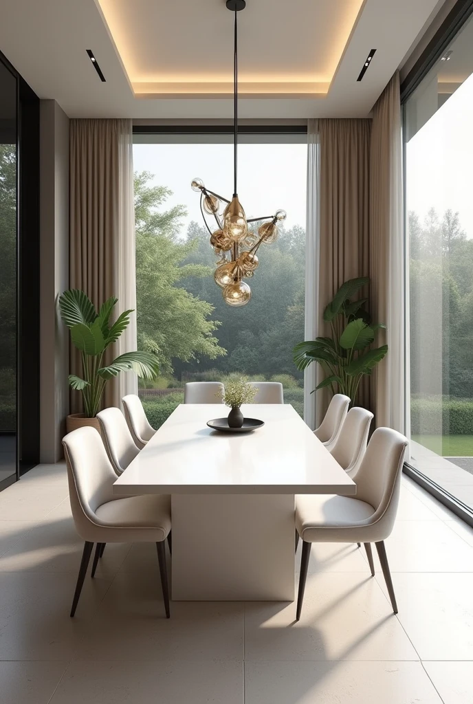 Professional 3d architecture rendering design of modern and minimal   elegant  white slab stone marble dining table and so modern and elegant eight  velvet   White chairs and  elegant curtains and modern windows and modern green space and elegant accessories and modern  and elegant ceiling lighting 