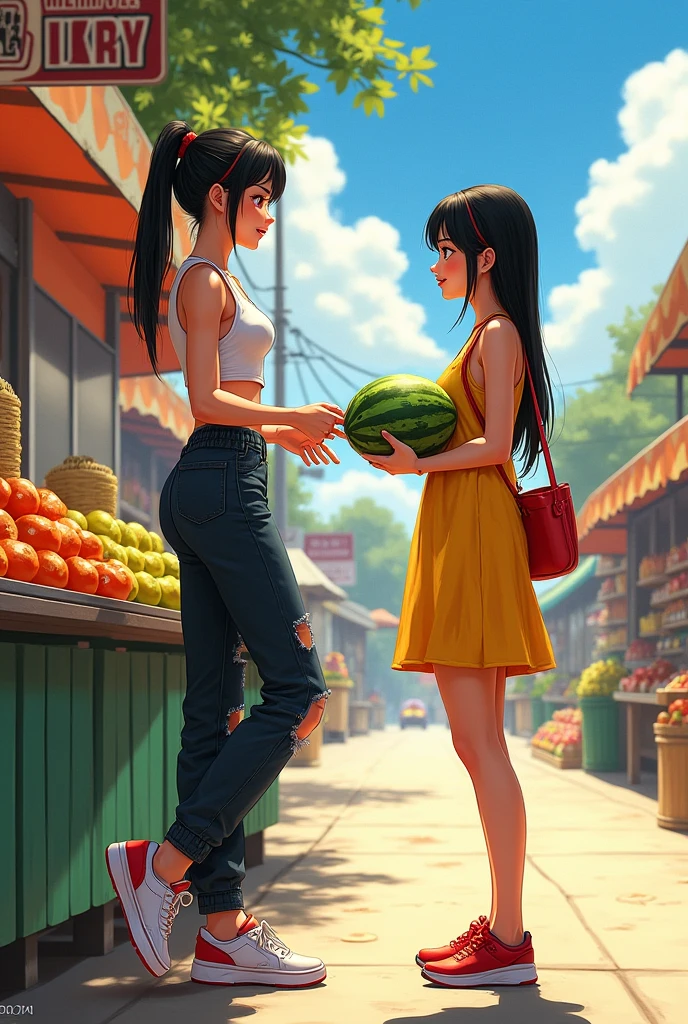 A tall white girl with thick lips black hair with red tied at a roadside fruit stand with more fruit stands wearing a short bag and torn pants and sports shoes on the sign says Wendy and below it says kilometers 26 and she is serving a customer in a sunflower dress and red shoes holding a watermelon and carrying a bag