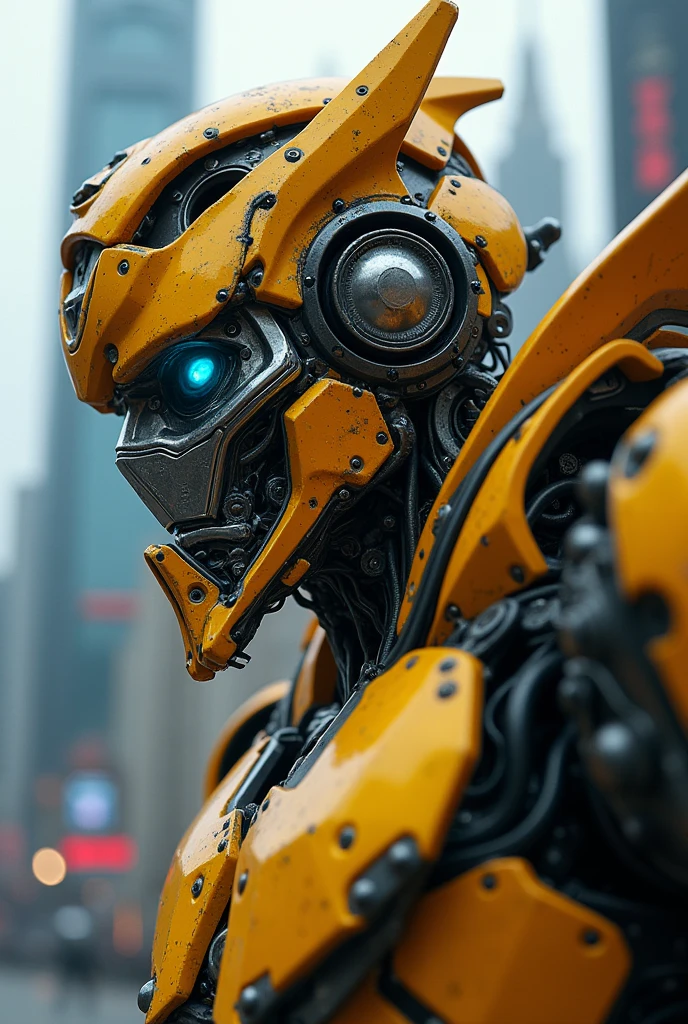a detailed portrait of a transformers bumblebee and optimus prime in a futuristic city, highly detailed cyberpunk cityscape, 1girl transformer in the foreground, extremely detailed facial features, hyper realistic, 8k, high quality, cinematic lighting, dramatic shadows, vibrant colors, intricate mechanical details