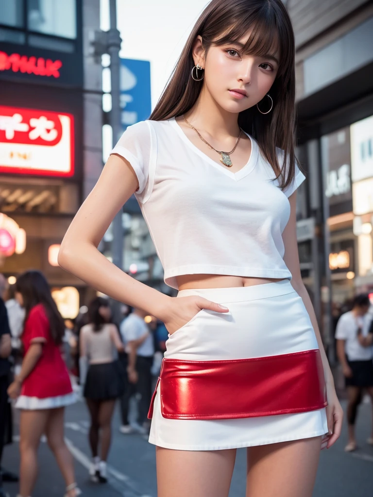 Product quality,1 girl,Cowboy Shot,Front view,(Thigh Emphasis:1.6),Young and sexy Japanese girl,20-year-old,Harajuku,(Crowded street:1.4),Stylish,(red:1.5),shirt,wear,(Stylishなバッグ:1.3),Fashionable necklaces,Stylish earrings,((White Ultra Short Micro Mini Skirt:1.5)),wear,((Small Head,face:1.5))とてもかわいいface,redちゃんのface,Glossy Lips,Double eyelids on both eyes,(Natural Makeup),Small and cute nose,shiny smooth light brown long hair,,,,,Asymmetrical bangs,Center image,8k resolution,Attention to detail,Detailed hairstyle,詳細なface,Cinema Lighting,Octane Rendering,Ultra-realistic,Perfect limbs,(Detailed fingers:1.5),Beautiful legs,Voluptuous thighs,Huge breasts,Perfect Anatomy,(Model sexy pose:1.5)