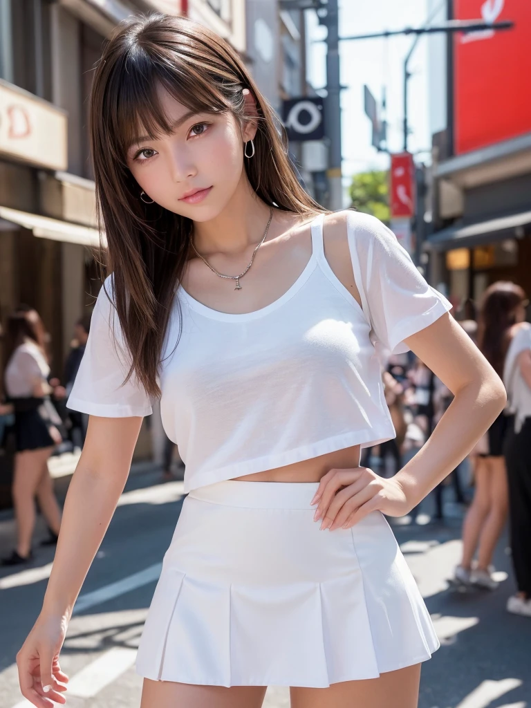 One incredibly cute girl,Super cute 16 year old girl、White skin、(Wearing a sailor uniform)、 Professional Lighting、Tokyo Street,night, Streetscape,City lights,Upper Body,close,smile,, (8k, RAW Photos, highest quality, masterpiece:1.2),(Realistic, photo-Realistic:1.37),Pull up your skirt、Panties are visible、