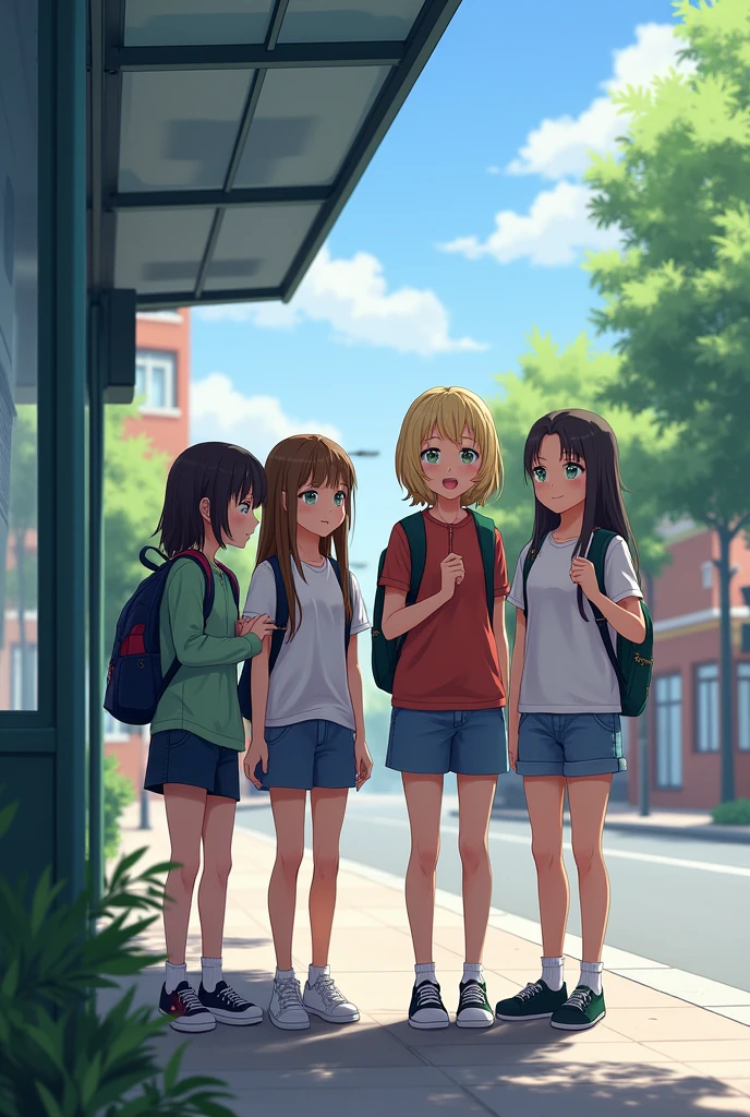 *4 friends are waiting at the bus stop to go to school* 3 girls and 1 boy