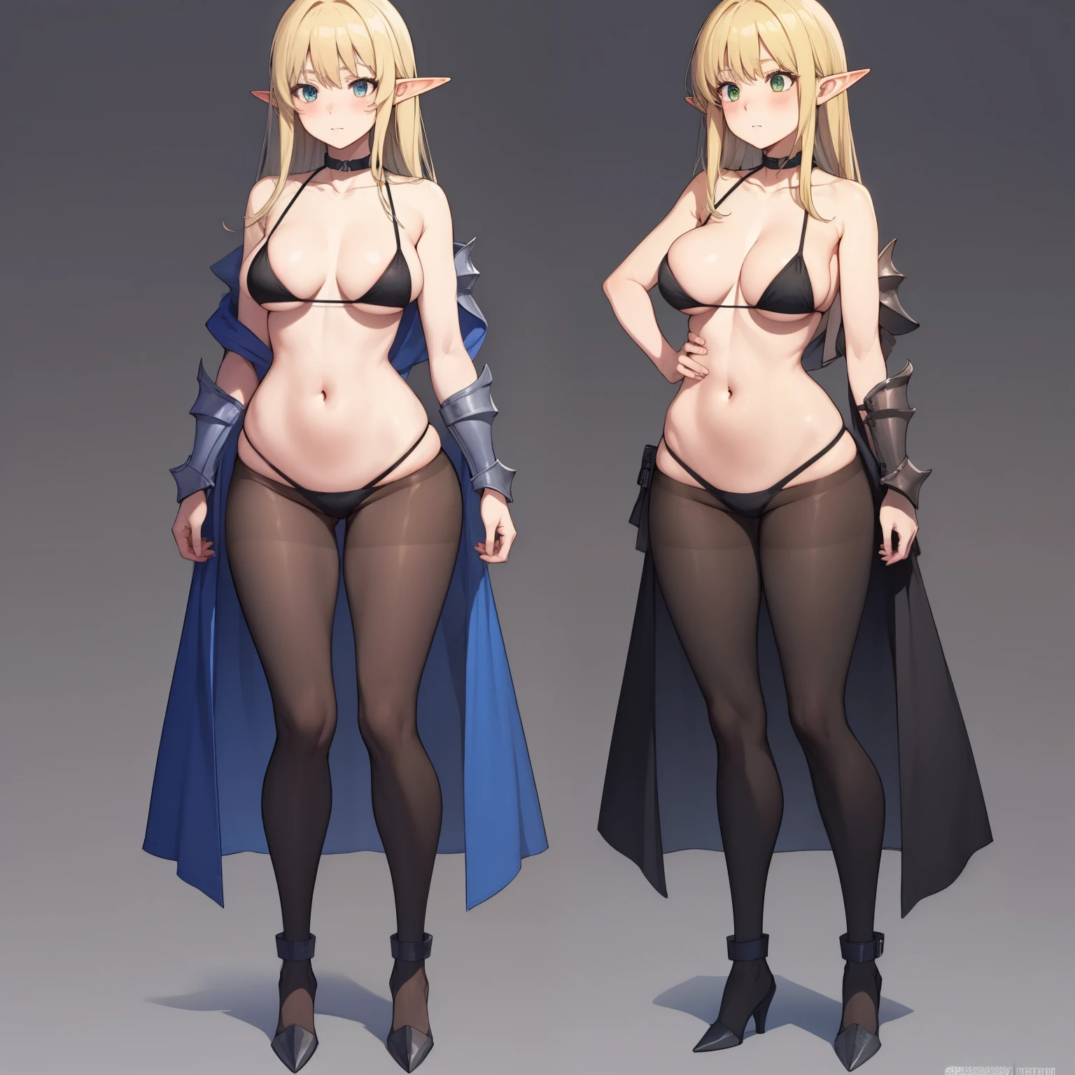 Elf girl, tall, had a slim body, white skin, green eyes, blonde hair, small breasts and long legs, broken metal bikini armor, pantyhose, full body, white background, 8k, hd, master piece, full body, character design in different perspectives, front, rear, left and right profiles