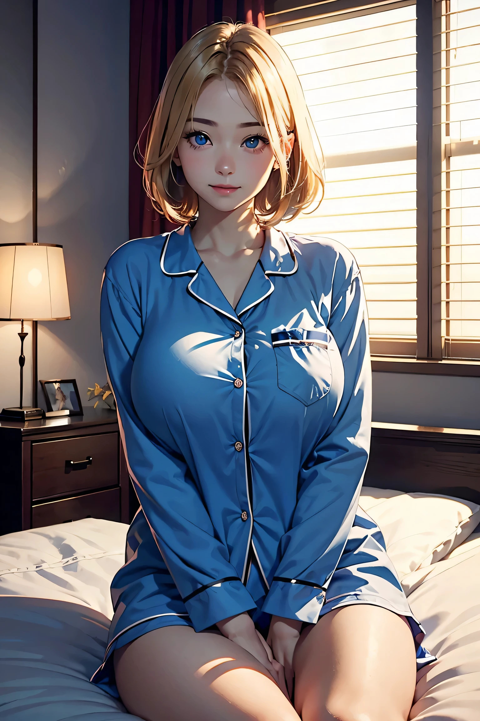 (masterpiece:1.2, Highest quality), (Realistic photos), Beautiful illustrations, (Natural side lighting, Cinema lighting),(1 girl), Japanese, 20-year-old female, Perfect Face, Symmetrical cute face, Glowing Skin,Blonde、short hair、Dark blue eyes, (Huge breasts:1.2), Slender build、Beautiful Hair, Beautiful Face, Fine and beautiful eyes, Beautiful body, Beautiful breasts,(Flannel pajama set)、smile、Blushing、Hotel Bedroom、bed、night、night景、sit