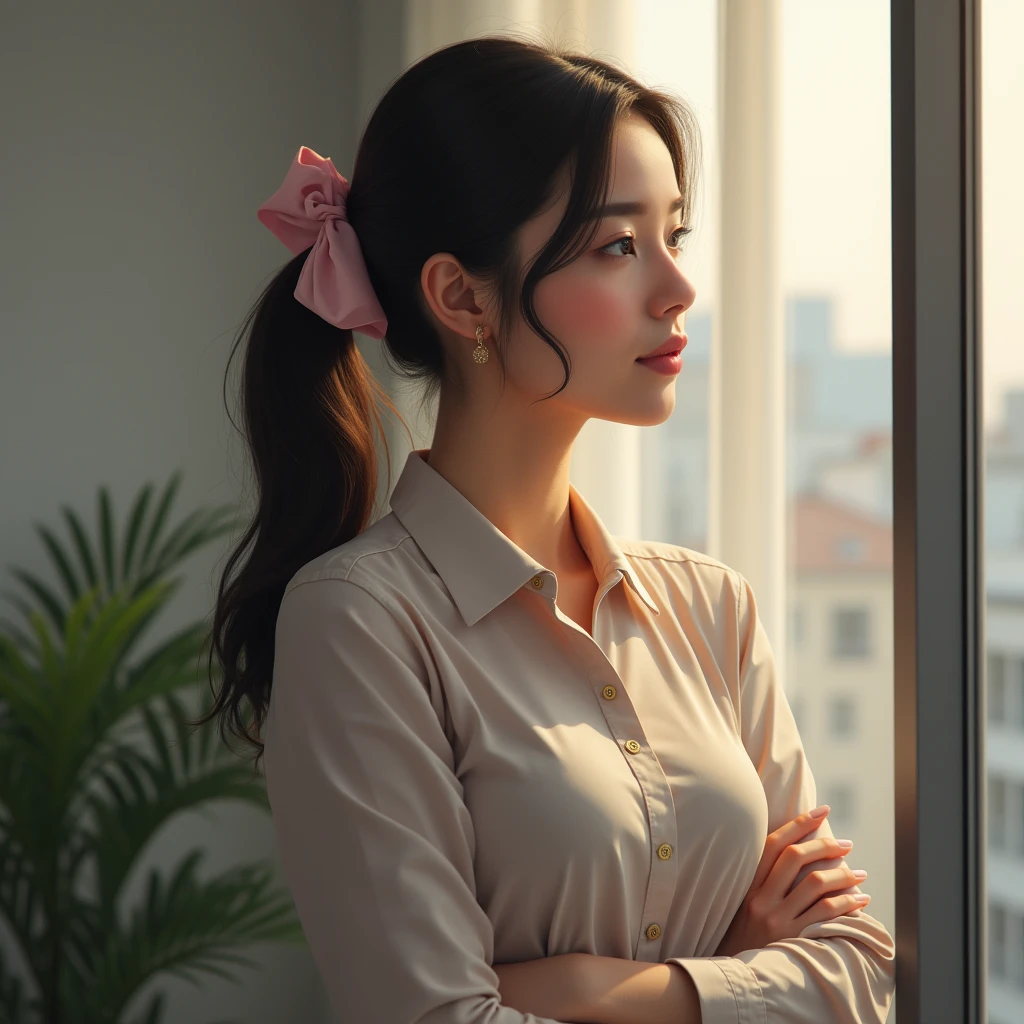 One girl, Mature Woman, Best, bow, photograph, Realistic, Highest quality, employment, Detailed face, office, Building seen from the window, Detailed Background, Diffused sunlight, Depth of written boundary, Bokeh