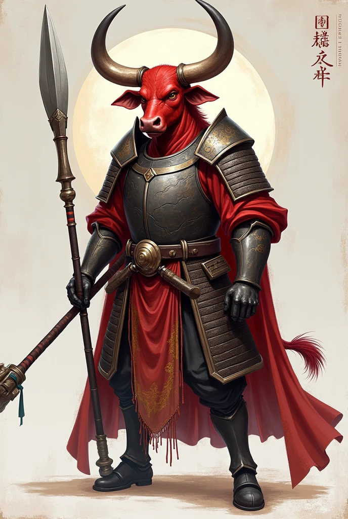 Minotaur in Greek mythology，Wearing cleric armor，Inspired by the Classic of Mountains and Seas，cow head，cow horn，armor，Long-handled weapon，silver shiny longspear，moon bull samurai, Anthropomorphic samurai cow，Traditional Chinese concept art，red bull samurai，asura from chinese myth