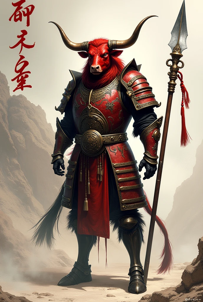 Minotaur in Greek mythology，Wearing cleric armor，Inspired by the Classic of Mountains and Seas，cow head，cow horn，armor，Long-handled weapon，silver shiny longspear，moon bull samurai, Anthropomorphic samurai cow，Traditional Chinese concept art，red bull samurai，asura from chinese myth
