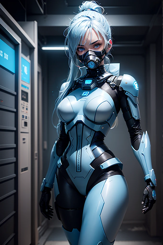 long light blue hair, hair tied up in a ponytail, she has a mask on her face, a respirator, a woman with sexy hips, incredibly beautiful blue eyes and a gas mask on her face, half cyborg, technological modifications. Cool girl, Beautiful face, pretty face, look at the camera, blue cybernetic android robot body, Large wide hips, suit with blue indicator lines with many blue details, blue colour corset, blue glowing lines on clothing details, cybernetic armor with a blue glow from under the joints and joints, she has blue eyes , frame with a flat horizon, Anime Style Photography , blue Lasers, high image detail, 4k quality, the camera films Her from below, lower angle of photography, blue neon lights, blue lamps, blue lighting, blue flashes, blue sky background, a girl stands on the roof of a tall building, behind her is a blue sky and clouds